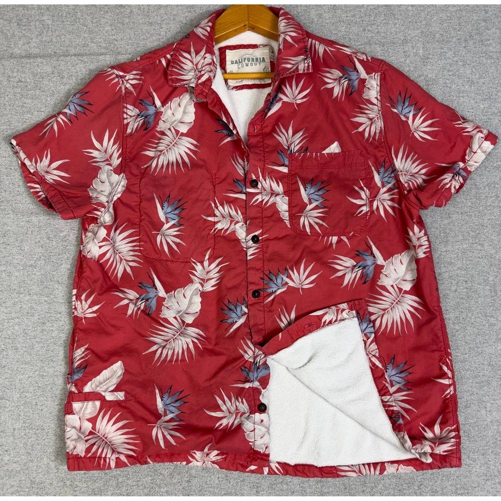 California Cowboy High Water Terry Cloth Lined Shirt Mens L Red Tropical Print